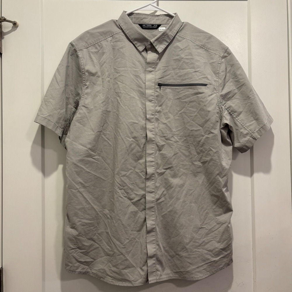 Arcteryx Skyline Short Sleeve Shirt Mens XL Grey Grid Snap Front Zip Pocket